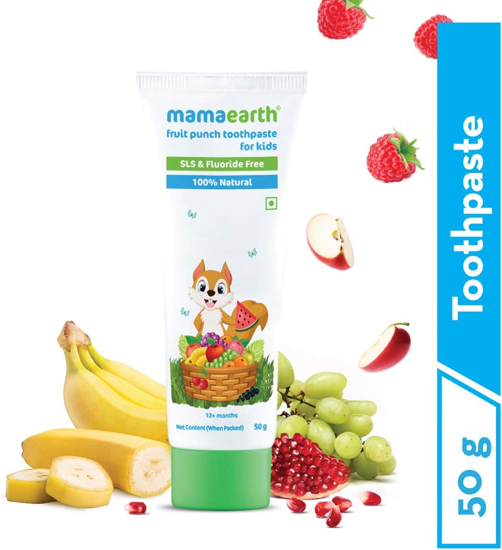 Mamaearth natural fruit punch toothpaste for kids 50g tube with cartoon squirrel and mixed fruits