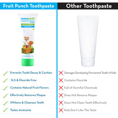 MAMAEARTH fruit punch toothpaste tube with cartoon fox and benefits vs plain tube natural fruit punch toothpaste for kids