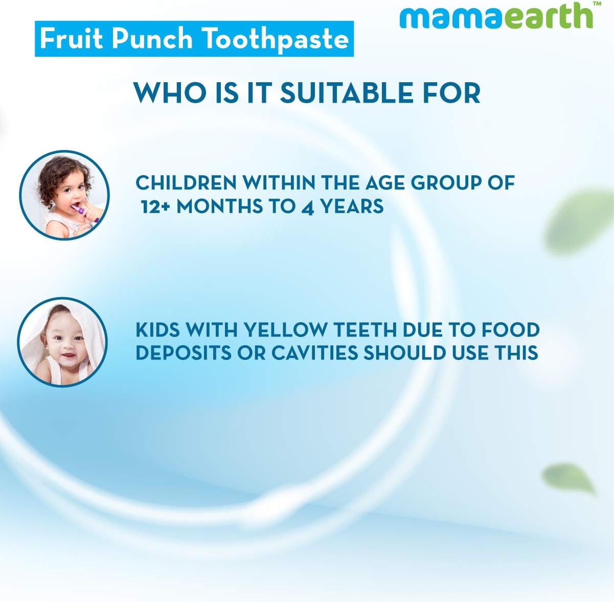 Mamaearth natural fruit punch toothpaste for kids suitability image showing ages 12 months to 4 years and yellow teeth benefits
