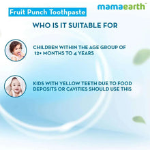 Toothpaste suitability info: 12+ months to 4 years; yellow teeth guidance.
