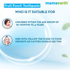Mamaearth graphic showing suitability for natural fruit punch toothpaste for kids ages 12 months to 4 years and yellow teeth