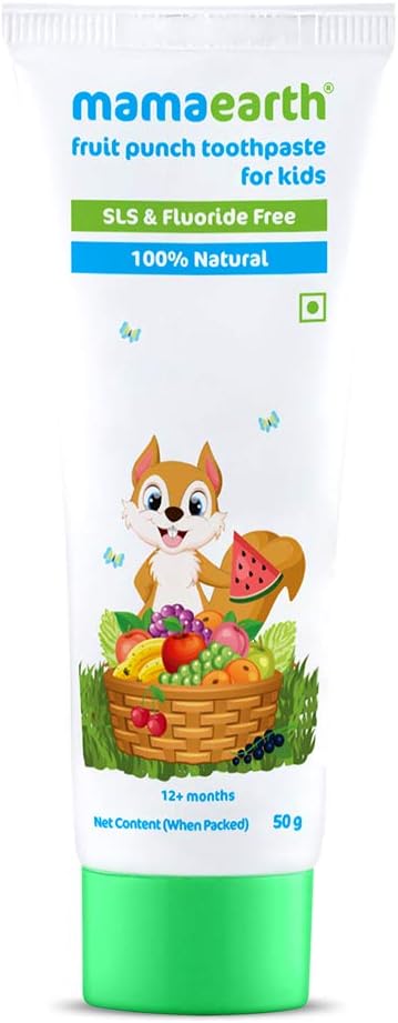 MAMAEARTH natural fruit punch toothpaste for kids tube with cartoon squirrel and fruit basket SLS and fluoride free
