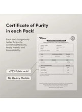 Shilajit gummies bottle with certificate card showing purity test results