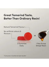 Shilajit gummies with two red gummy pieces and tamarind flavor chart