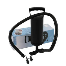 Portable manual inflation pump with arched hose and included nozzle tips