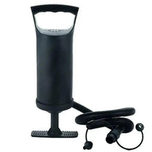 Black manual inflation pump with foot base, flexible hose, and nozzle connectors