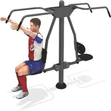 Double pulley lat pull-down station with dual handle arms and seat cushion