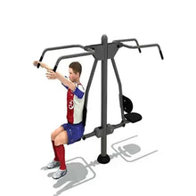 Double pulley lat pull-down machine with overhead bars and padded thigh support