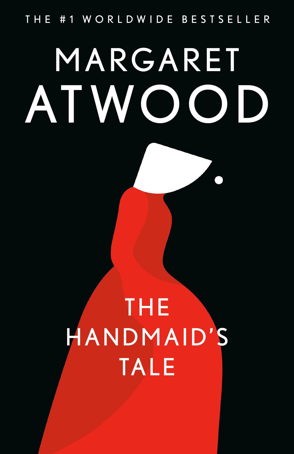 Cover of Margaret Atwood dystopian novel The Handmaids Tale featuring a red-cloaked woman illustration