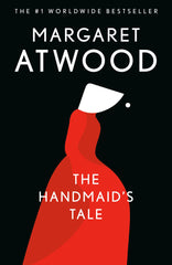 Cover of Margaret Atwood dystopian novel The Handmaids Tale featuring a red-cloaked woman illustration