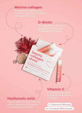 Beauty collagen shots box and pink vial with ingredient cards, supplement drink