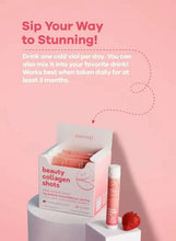 Collagen shots box with pink vial and strawberry, drink directions panel