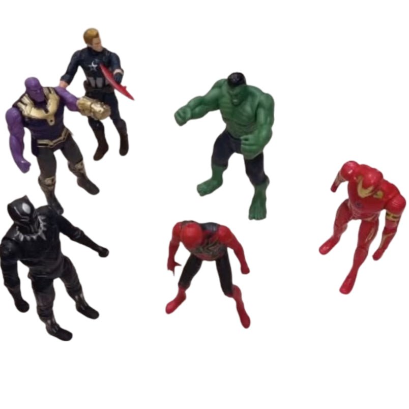 Marvel Avengers action figure set by Huitich featuring Hulk, Iron Man, Captain America, Thanos, Spider-Man, and Black Panther