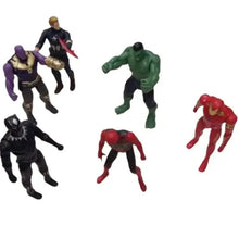 Set of 6 action figures in dynamic poses: purple, green, red, black, and star figure.