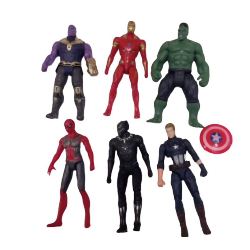 Marvel Avengers action figure set featuring Thanos Iron Man Hulk Spider-Man Black Panther and Captain America with shield
