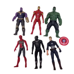 Marvel Avengers action figure set featuring Thanos Iron Man Hulk Spider-Man Black Panther and Captain America with shield