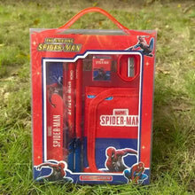 Kids Spider-Man stationery set box with visible pencils, ruler, and pencil pouch
