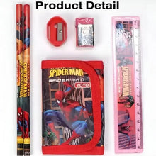 Spider-Man pencil pouch with color pencils, small eraser, and ruler