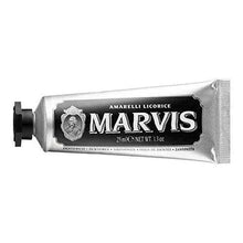 Marvis licorice toothpaste tube, white with black label and cap, 25 ml
