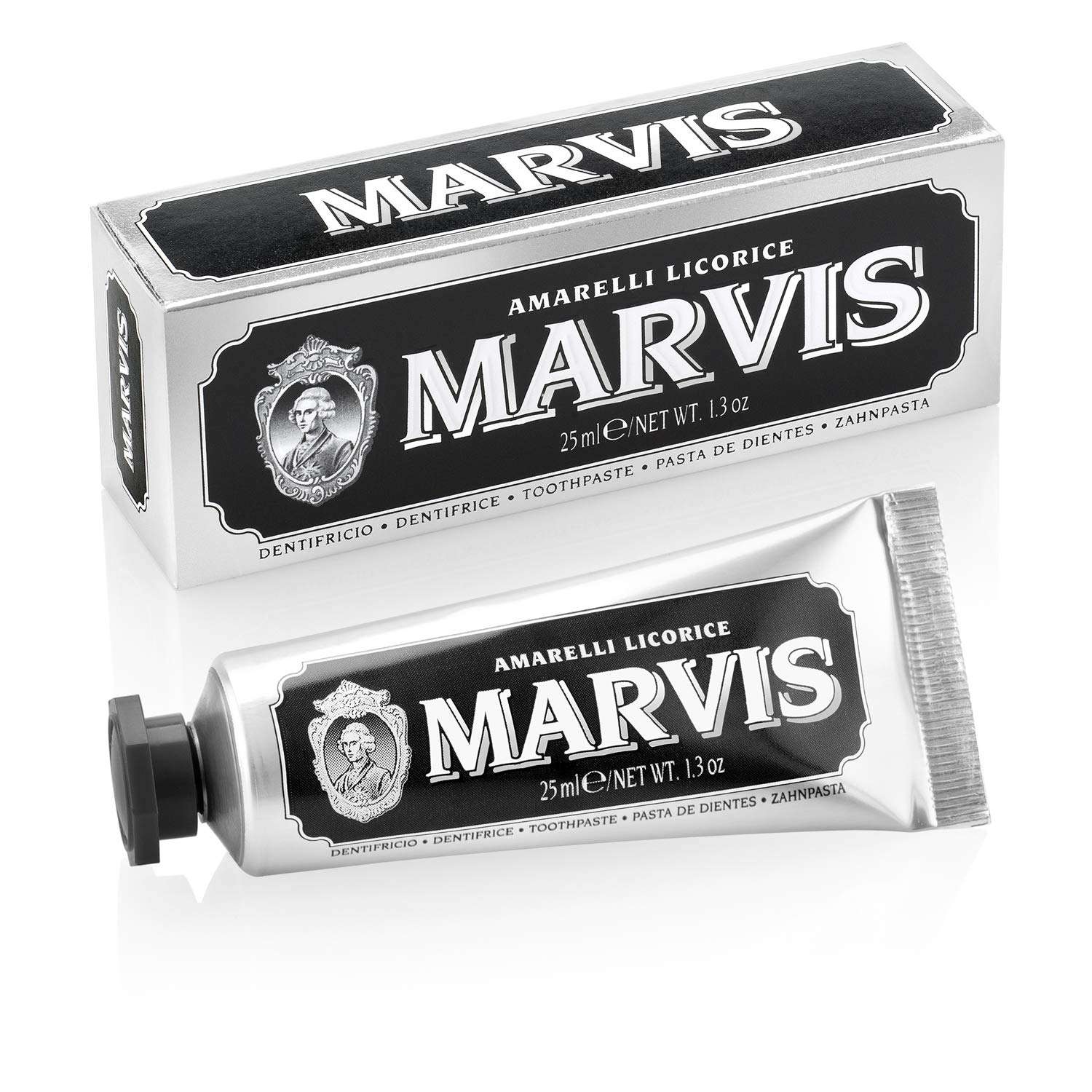 Marvis Amarelli licorice toothpaste 25ml silver and black tube with matching box and vintage logo