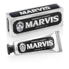 Marvis licorice toothpaste box and tube set, black lettering on white packaging