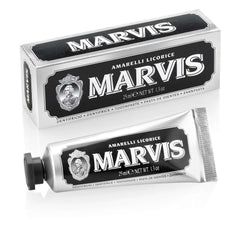 Marvis Amarelli licorice toothpaste 25ml silver and black tube with matching box and vintage logo