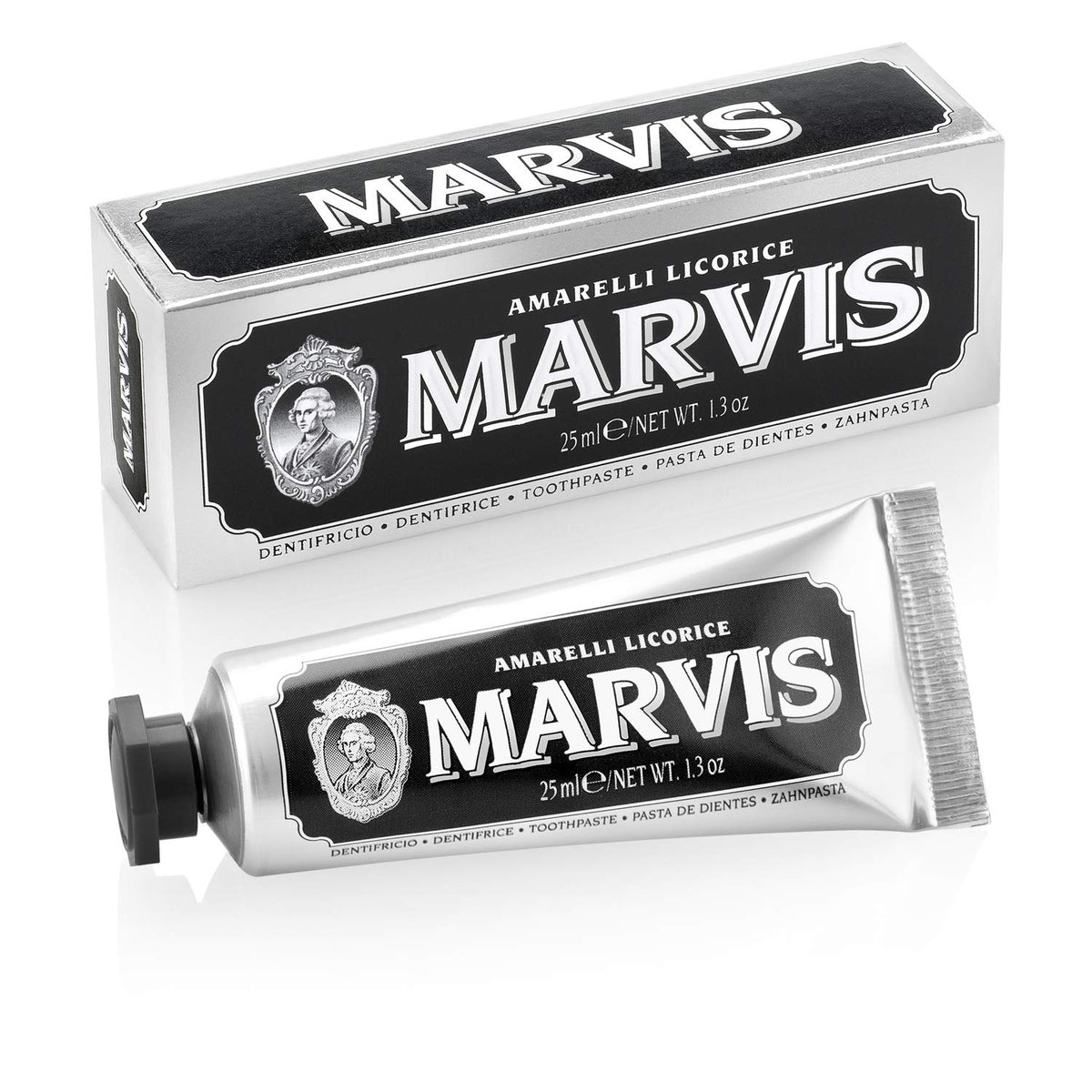Marvis Amarelli licorice toothpaste 25ml silver and black tube with matching box and vintage logo