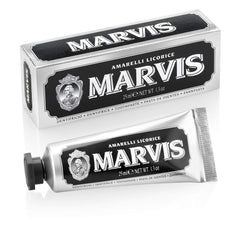 Marvis Amarelli licorice toothpaste 25ml silver and black tube with matching box and vintage logo