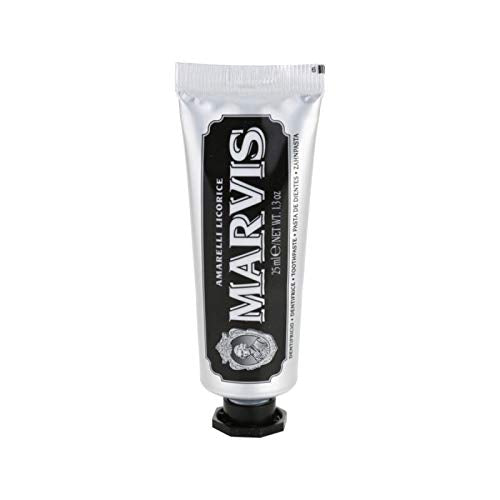 Marvis Amarelli licorice toothpaste in silver tube with black vintage label and Marvis logo 75 ml