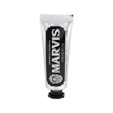 Marvis licorice toothpaste tube with white body and black label, 25 ml