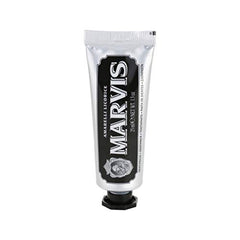 Marvis Amarelli licorice toothpaste in silver tube with black vintage label and Marvis logo 75 ml