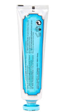 Marvis Aquatic Mint toothpaste tube, blue back label with barcode, 75 mL