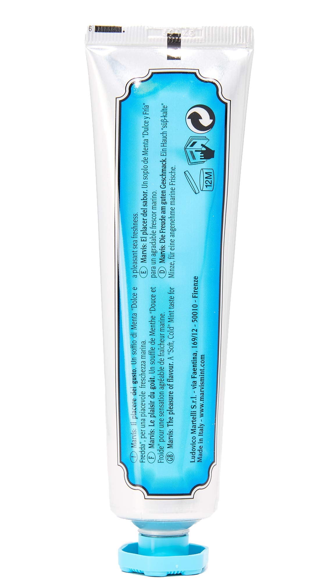 Marvis Aquatic Mint toothpaste white tube with blue label and cap on white background