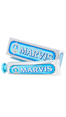 Marvis Aquatic Mint toothpaste tube and outer box in blue vintage packaging on white background