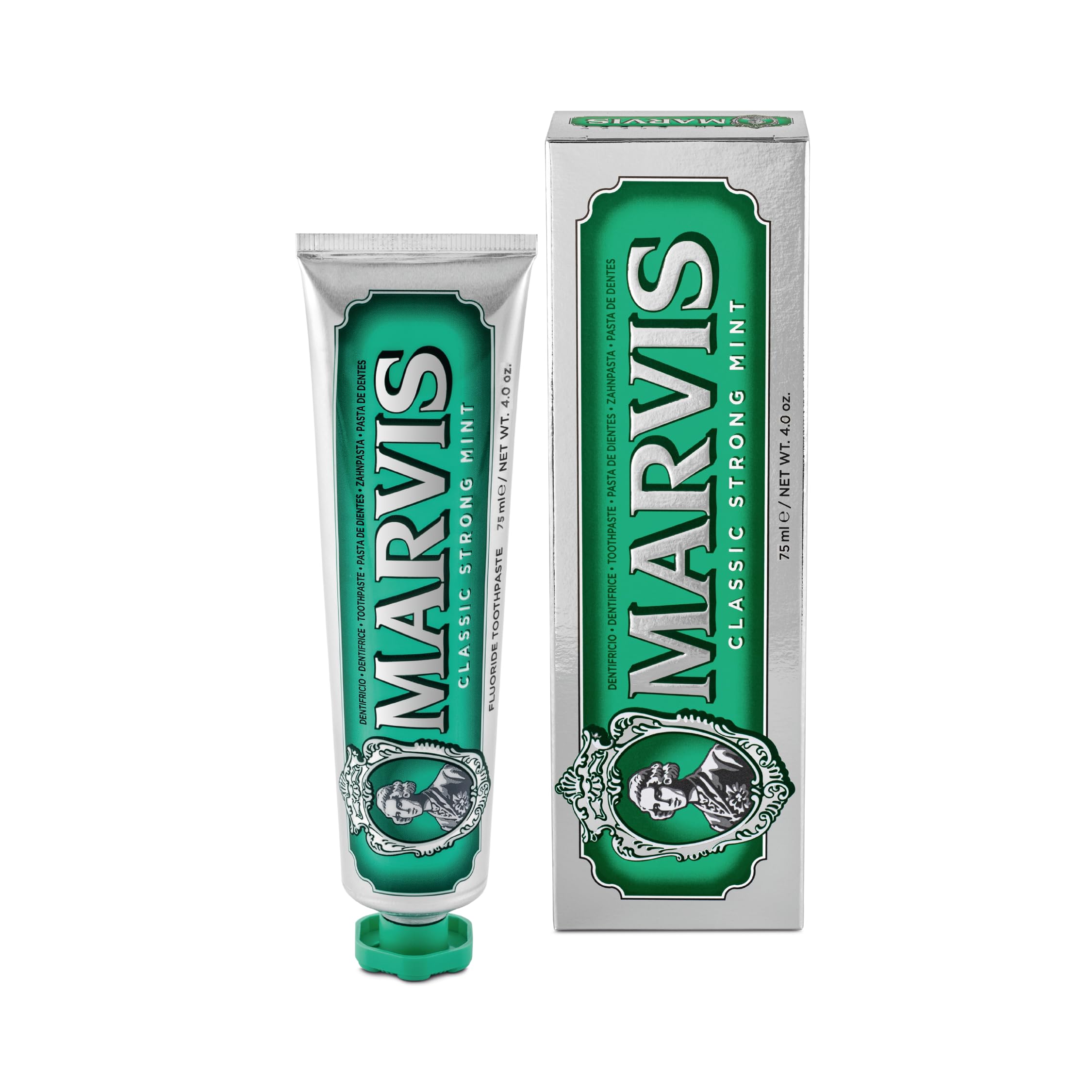 Marvis Classic Strong Mint Toothpaste tube and box in green vintage packaging showing brand label