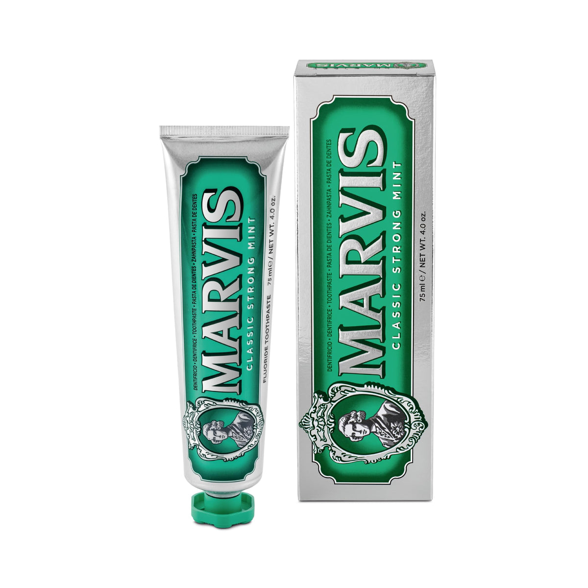 Marvis Classic Strong Mint Toothpaste tube and box in green vintage packaging showing brand label