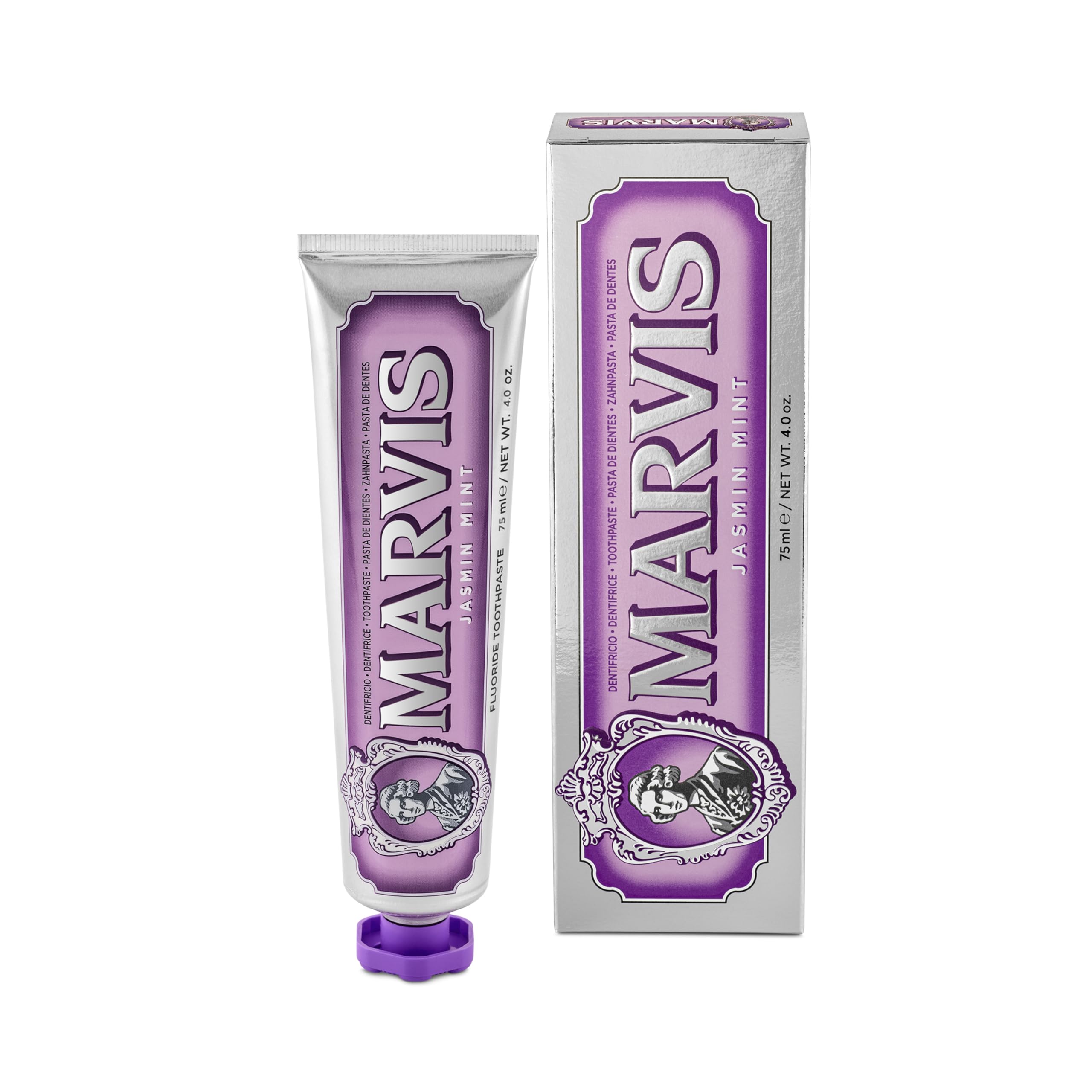 Marvis Jasmin Mint toothpaste 75ml tube and box in purple vintage packaging for floral mint fresh breath