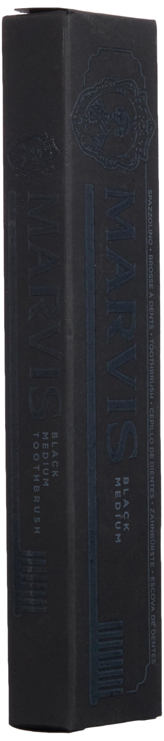 Marvis medium toothbrush in black textured rectangular box packaging with embossed logo