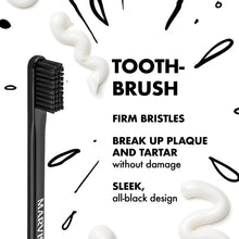 All-black toothbrush with firm nylon bristles, TOOTH BRUSH graphic on white