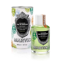 Marvis strong mint mouthwash 120 ml glass bottle with decorative cylindrical tin packaging green liquid