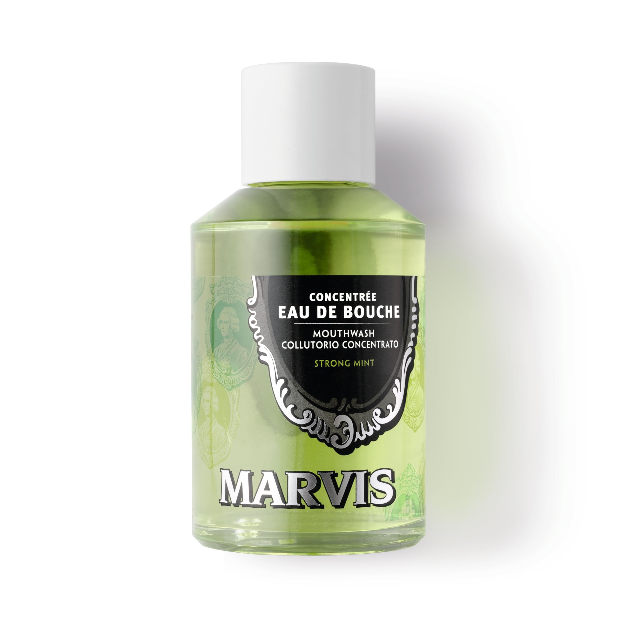 Marvis strong mint mouthwash green bottle with white cap and classic Marvis label