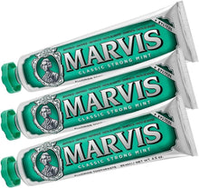 Marvis Classic Strong Mint toothpaste tubes, green and white, x3