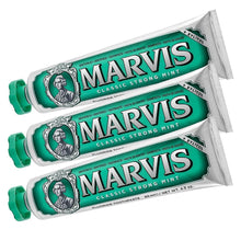 Marvis toothpaste tubes, Classic Strong Mint flavor, green and white packaging, x3