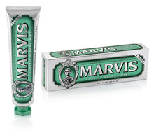 Marvis Classic Strong Mint toothpaste tube and box, green and white