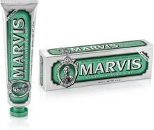 Marvis Classic Strong Mint toothpaste tube with matching box, green label