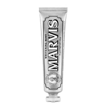 Marvis whitening mint toothpaste tube, silver with white cap and nozzle