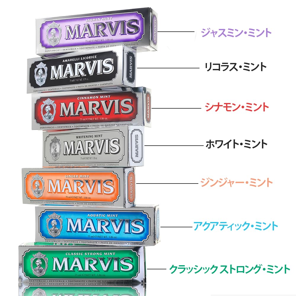Stack of colorful Marvis toothpaste boxes showing assorted flavors and Japanese labels featuring Marvis Whitening Mint Toothpaste