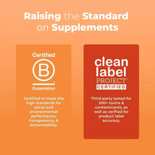 Liquid multivitamin bottle next to Clean Label Project and Certified B badges