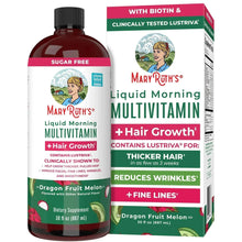 Liquid multivitamin supplement bottle and box, dark red, black cap, sugar-free label