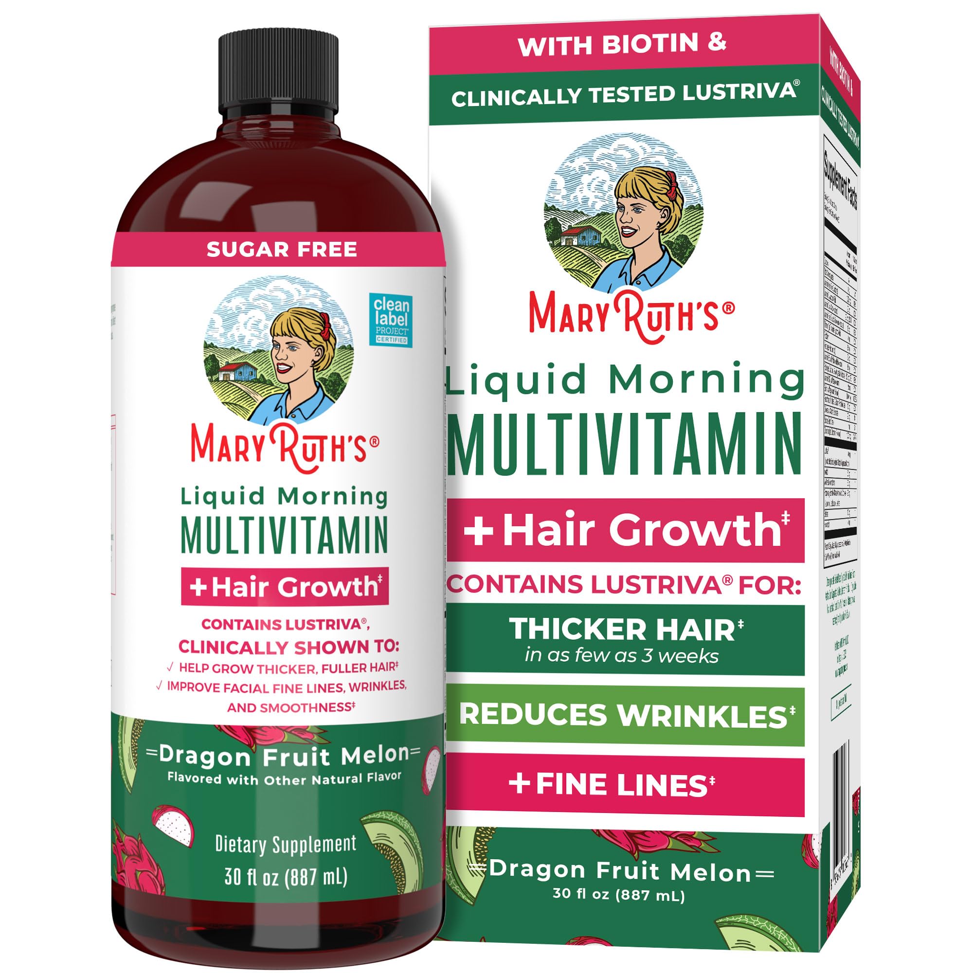 MaryRuth's liquid multivitamin for hair growth in Dragon Fruit Melon flavor with biotin for thicker hair